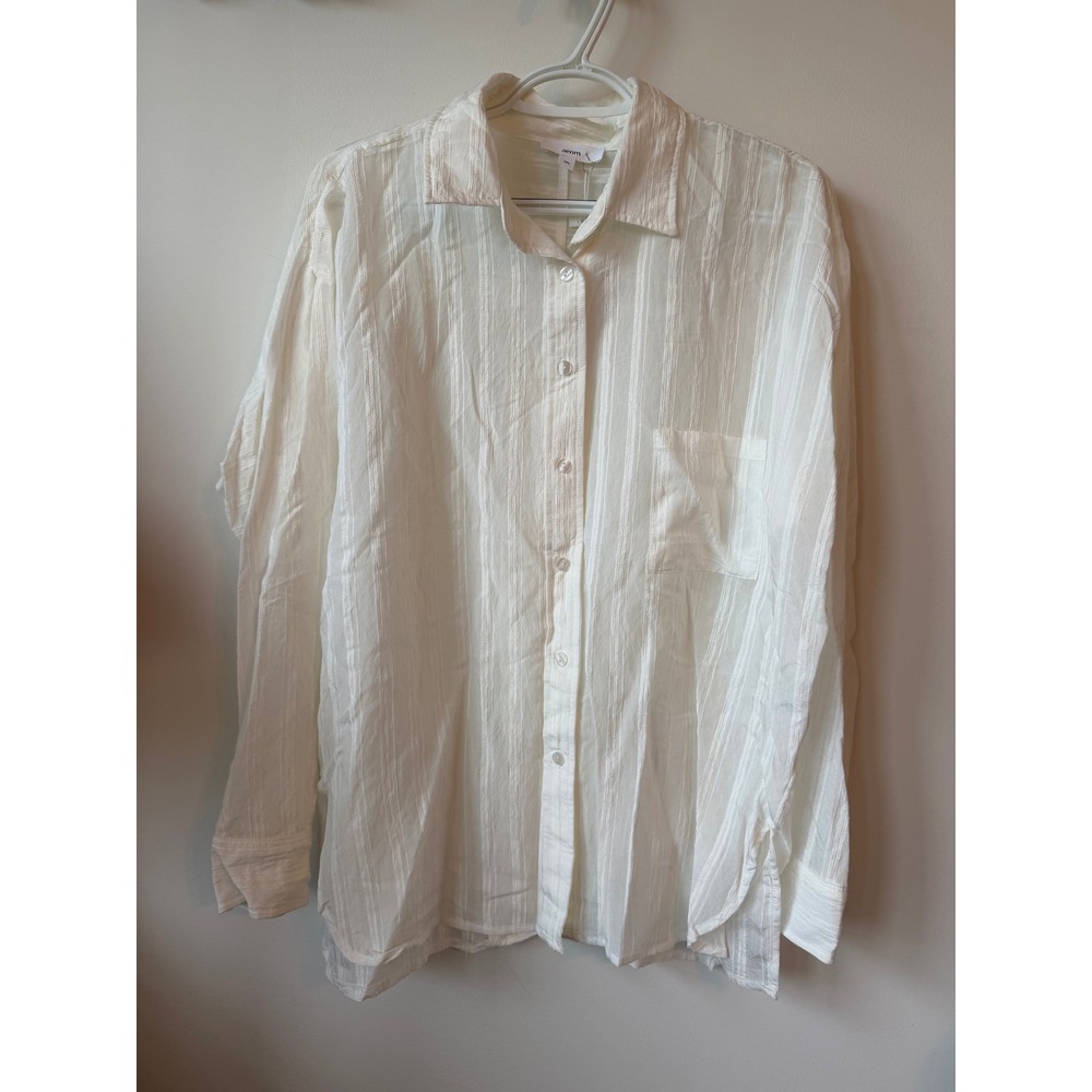 Aeom Womens White Textured Button Down Shirt Long Sleeve Pocket Top Size M